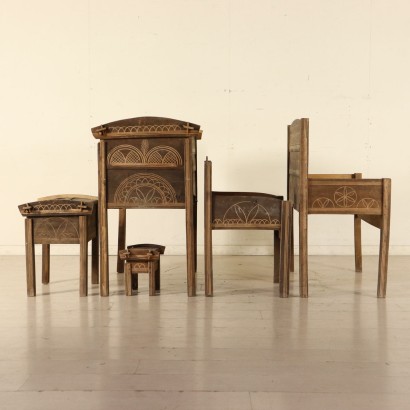 Beech Rustic Living Room with Geometrical Carvings Italy Early 1900