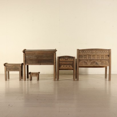 Beech Rustic Living Room with Geometrical Carvings Italy Early 1900