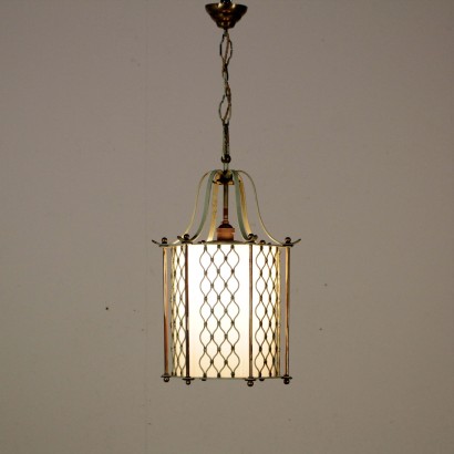 Hanging Lamp Metal Brass Opaline Glass Vintage Italy 1940s