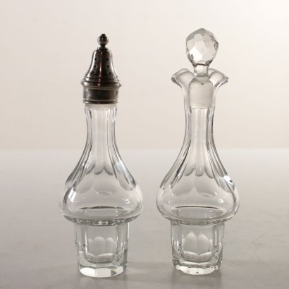 Crystal Oil Vinegar Salt Pepper Set with Revolving Metal Holder 1970s