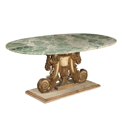 Oval Table Assembled with Antique Wood Carved Lacquered Gilded 1700