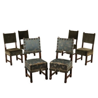 Set of Six Walnut Chairs Metal Studs Italy First Half of 1900s