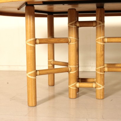 Grand Table Placage Chêne Rouvre Bambou Cuir Vintage U.S.A. Années 80