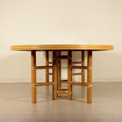 Grand Table Placage Chêne Rouvre Bambou Cuir Vintage U.S.A. Années 80