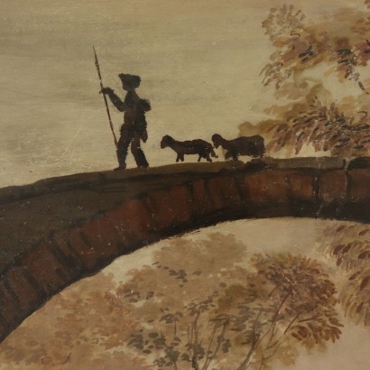 Landscape with Bridge and Shepherd Tempera on Canvas 19th Century