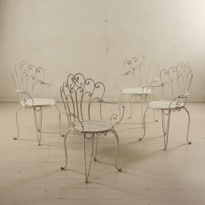 Round Table with Crystal Top and 4 Iron Chairs Italy 20th Century