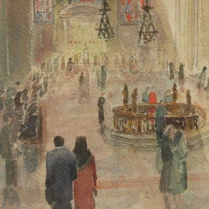Watercolor by Nan Borazzo Interior of the Milan Cathedral 20th Century