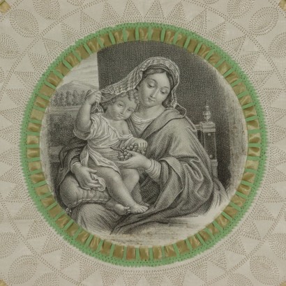 Vierge à l'Enfant Dessin au Crayon sur Papier Fin '800