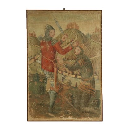 Antigua pintura de Imitación de desgaste de un fresco con la escena de la medieval