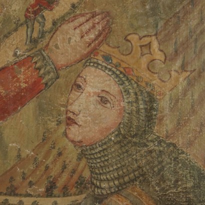 Faux riss im fresko mit der szene, die mittelalterliche-insbesondere