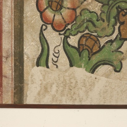 Falso desgarro de un fresco con decoración floral-detalle