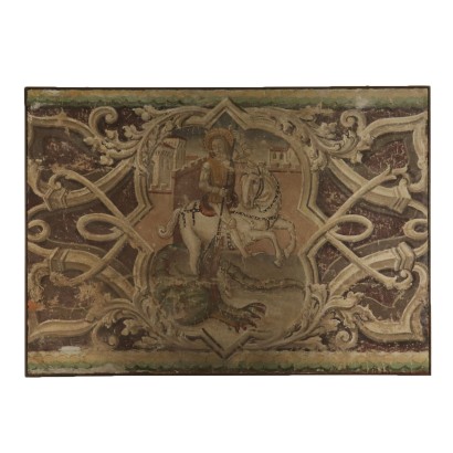 Antigua pintura de Imitación de desgaste de un fresco con San Jorge y el Dragón