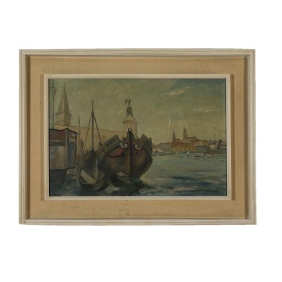 Aldo Carpi Coastal Landscape with Boats Oil on Canvas 1952