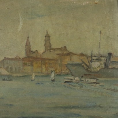 Aldo Carpi Coastal Landscape with Boats Oil on Canvas 1952