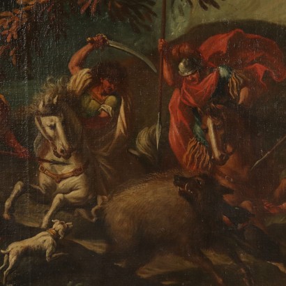 Large Landscape Wild Boar Hunting Oil on Canvas 18th Century