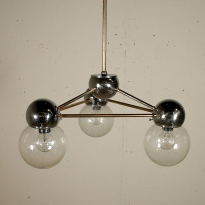 Ceiling Lamp Chromed Metal Blown Glass Vintage Italy 1960s