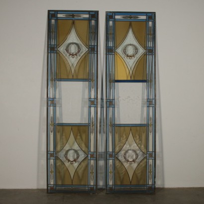 Pair of Colored Decorated Glass Windows Italy First Quarter of 1900s