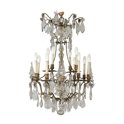 Chandelier 16 Arms Bronze Crystal Italy Early 1900s
