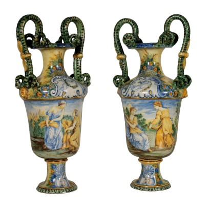 Paire de Vases Majolique Mollica Naples Italie Fin '800- Début '900