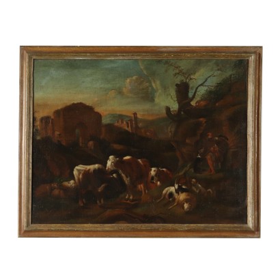 Landscape with Shepherd and Herd Oil on Canvas 17th Century