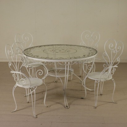 Table Varnished Wrought Iron Decorated Glass Vintage Italy 1950s-1960s
