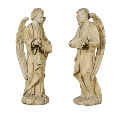 Paar Engel Zirbelkiefer Italien 19. Jahrhundert.