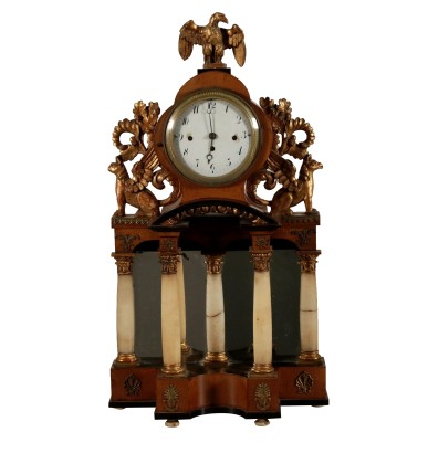 Table Portico Clock Maple Bronze Alabaster 19th Century