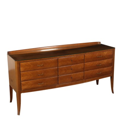Chest of Drawers Mahogany Veneer Brass Glass Vintage Italy 1950s