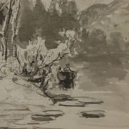 Aquarell von Giuseppe Puricelli Guerra Landschaft mit Fluss 1800
