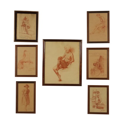 Set of Seven Drawings by Anna Bocca 20th Century