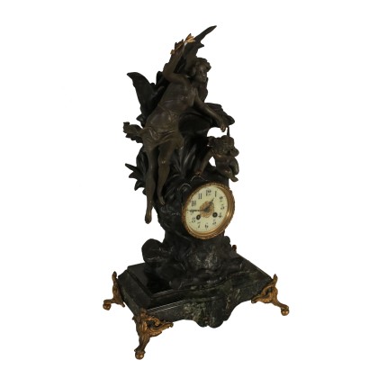 Table Clock Marble Base Metal Antimony France Late 1800s