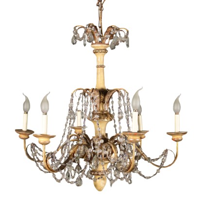 Lacquered Chandelier Iron Wood Glass Italy 20th Century