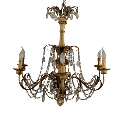 Chandelier Lacquered Iron Wood Glass Italy Late 1800s