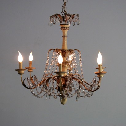 Chandelier Lacquered Iron Wood Glass Italy Late 1800s