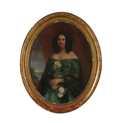 Portrait of Dame Painting on Cardboard 19th Century