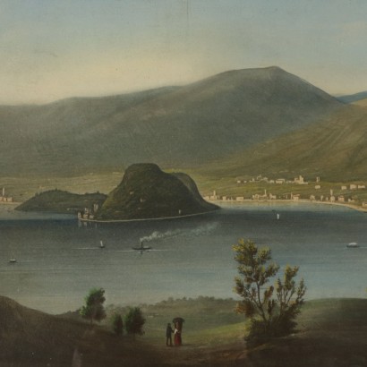 Aquarell drucken Blick auf den Comer See Italien 19. Jahrhundert.