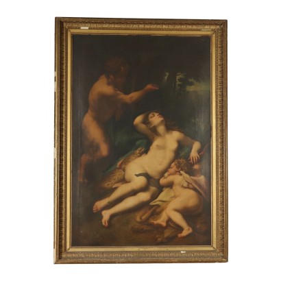 Pintura antigua-Venus y cupido espiados por un Sátiro