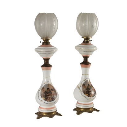 Pair of Oil Lamps Glass Bronze France Early 1900s