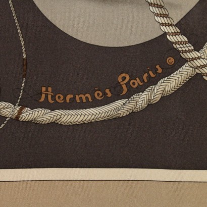 Foulard vintage en soie marron particuli&#232;re Herm&#232;s
