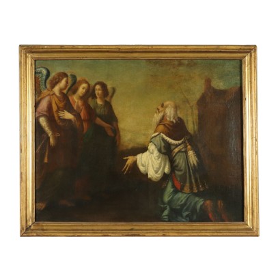 Peinture ancienne-de La visite des trois Anges à Abraham