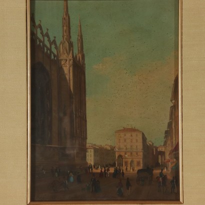 Glimpse of Milan Oil Painting on Board Mid 20th Century