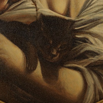 Das Mädchen mit der Rose und der Katze Ölgemälde 20. Jahrhundert