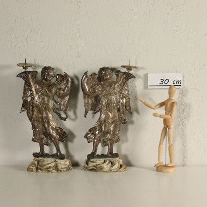 Pair of Angels with Candle Holder Metal Sheet Italy 17th Century