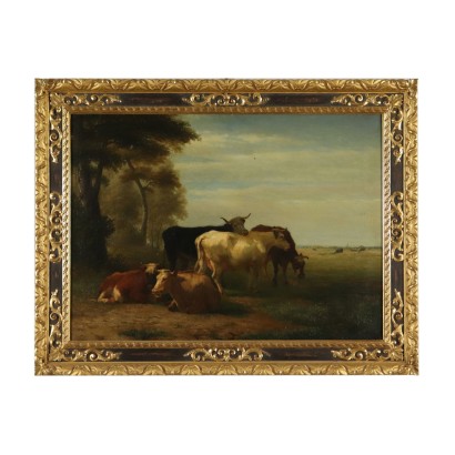 Landscape with grazing cows Painting Late 1800s