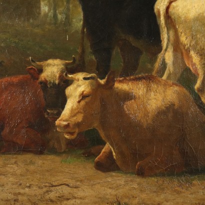 Landscape with grazing cows Painting Late 1800s
