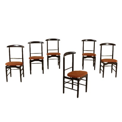 Set of Chairs Ebonized Wood Fabric Vintage Italy 1960s