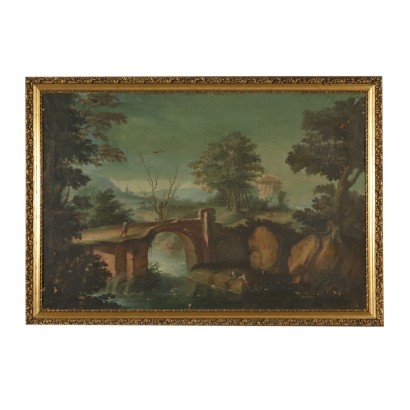 Landschaft mit Fluss und Figuren Ölgemälde 18. Jahrhundert