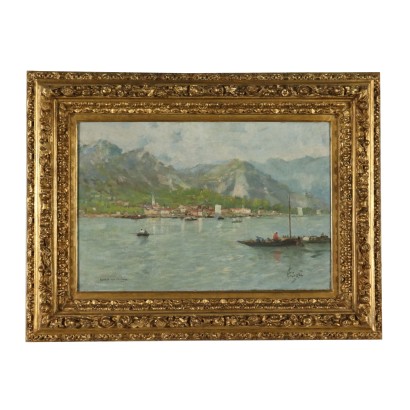 Painting by Eugenio Sala Glimpse of Laveno Lake Maggiore 19th Century