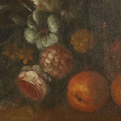 Bodegón con flores y frutas