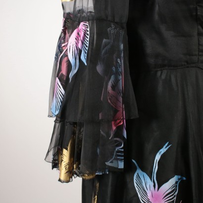 Robe Vintage Voile Noir Fleurs fuchsia Imprimées Vers 1960